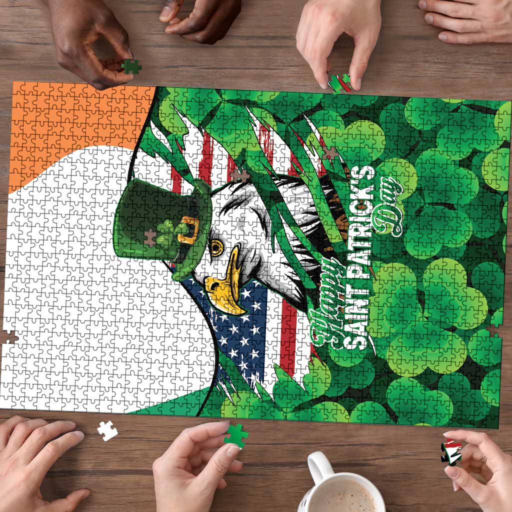 Irish American St Patrick's Day Puzzle USA Eagle Leprechaun Hat Shamrock Pattern