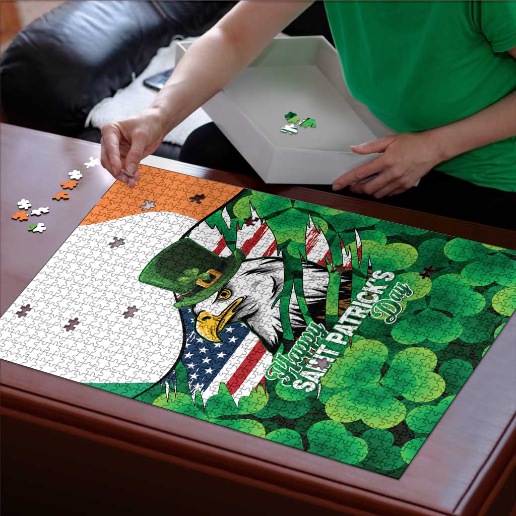 Irish American St Patrick's Day Puzzle USA Eagle Leprechaun Hat Shamrock Pattern