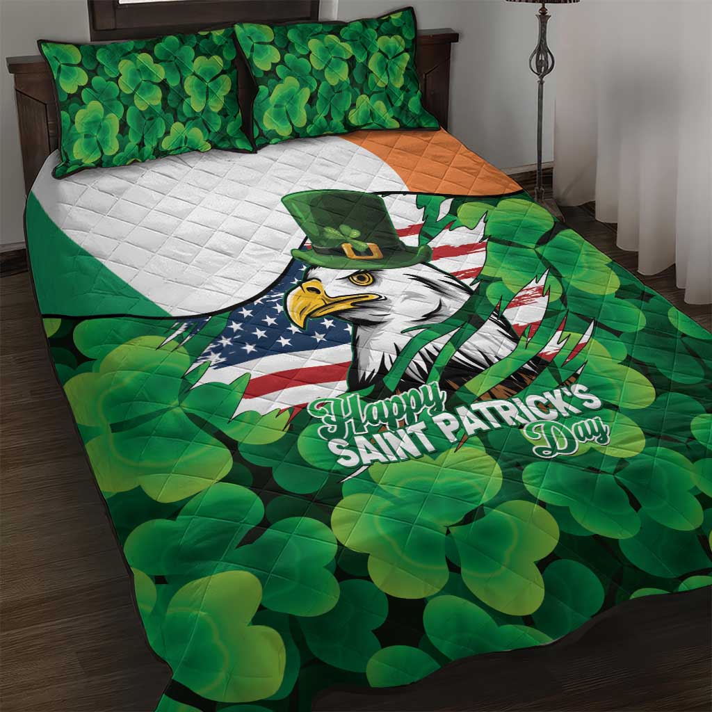 Irish American St Patrick's Day Quilt Bed Set USA Eagle Leprechaun Hat Shamrock Pattern