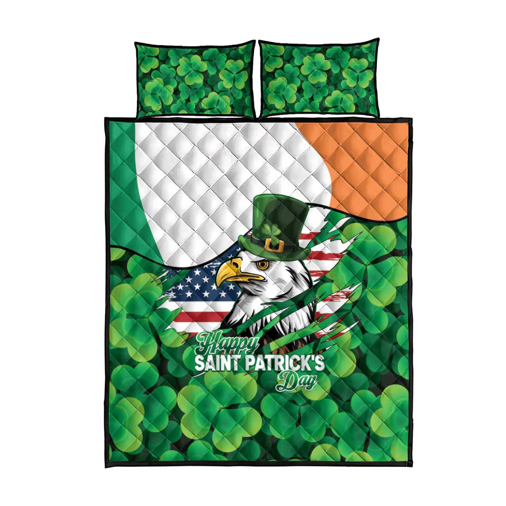 Irish American St Patrick's Day Quilt Bed Set USA Eagle Leprechaun Hat Shamrock Pattern