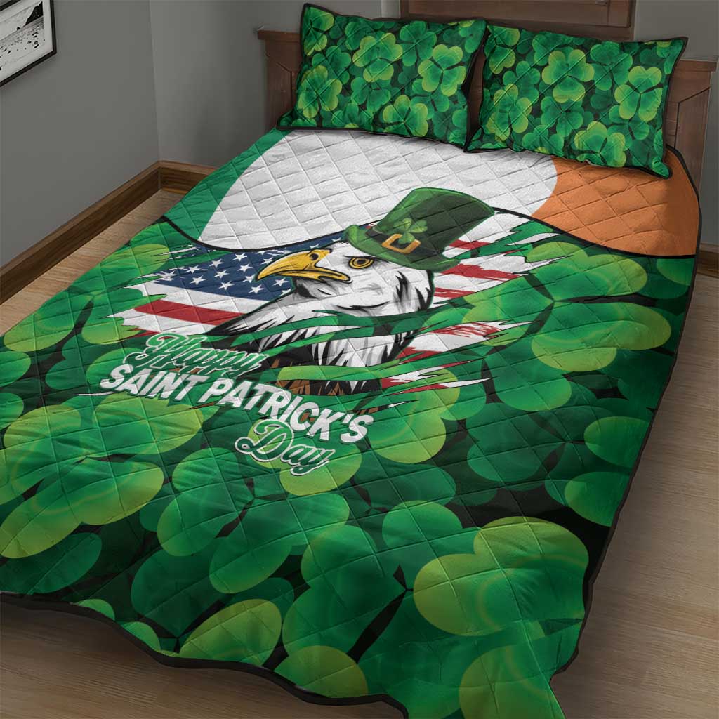 Irish American St Patrick's Day Quilt Bed Set USA Eagle Leprechaun Hat Shamrock Pattern
