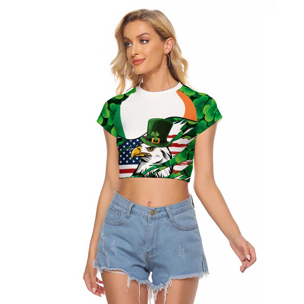 Irish American St Patrick's Day Raglan Cropped T Shirt USA Eagle Leprechaun Hat Shamrock Pattern