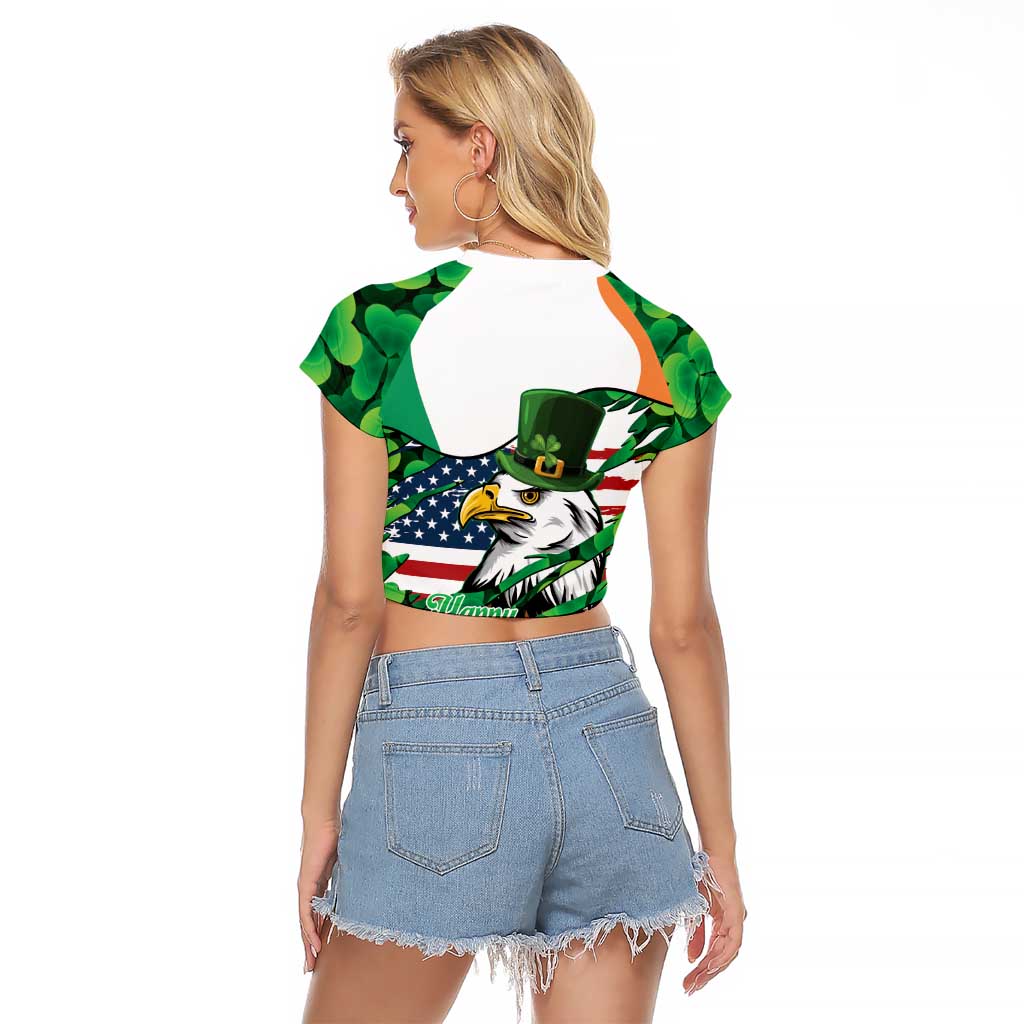 Irish American St Patrick's Day Raglan Cropped T Shirt USA Eagle Leprechaun Hat Shamrock Pattern