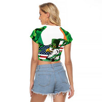 Irish American St Patrick's Day Raglan Cropped T Shirt USA Eagle Leprechaun Hat Shamrock Pattern