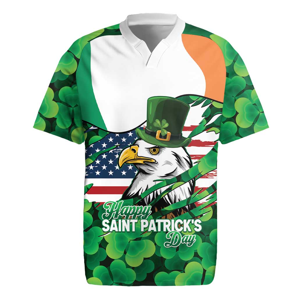 Irish American St Patrick's Day Rugby Jersey USA Eagle Leprechaun Hat Shamrock Pattern