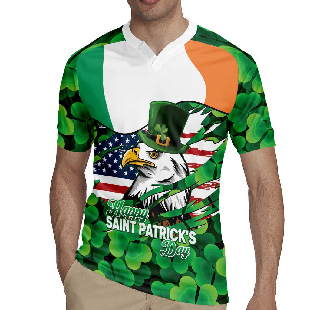 Irish American St Patrick's Day Rugby Jersey USA Eagle Leprechaun Hat Shamrock Pattern