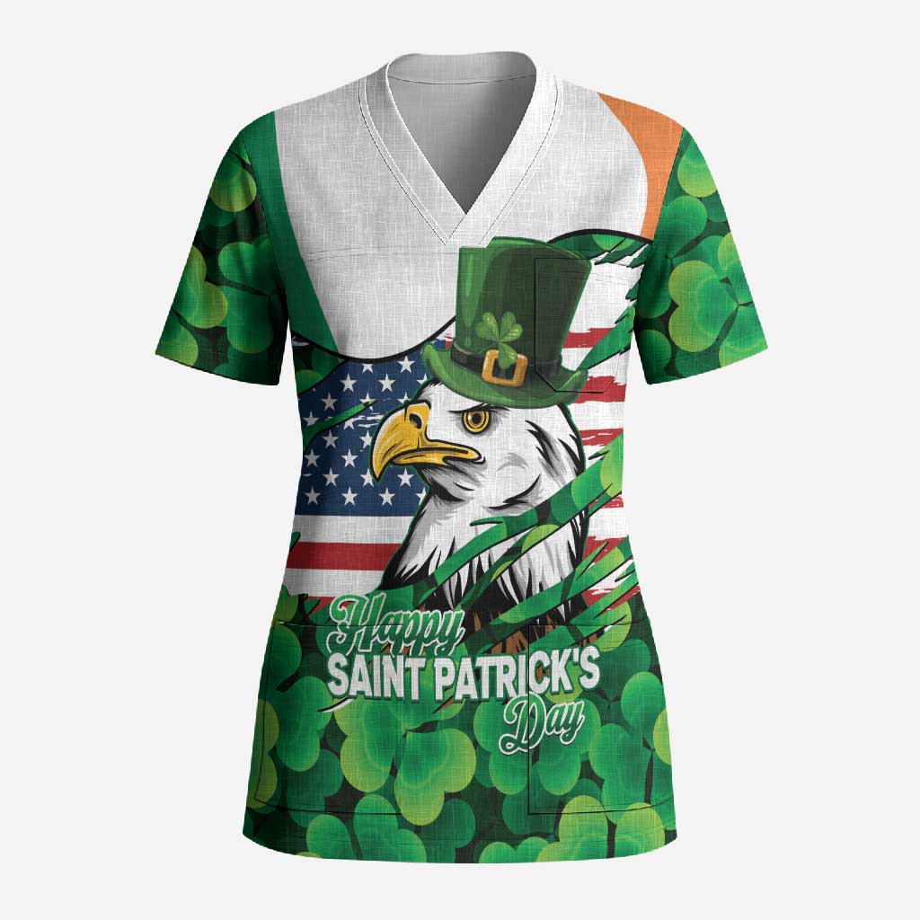 Irish American St Patrick's Day Scrub Top USA Eagle Leprechaun Hat Shamrock Pattern
