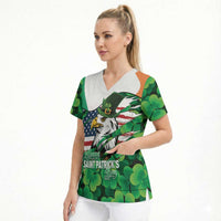 Irish American St Patrick's Day Scrub Top USA Eagle Leprechaun Hat Shamrock Pattern