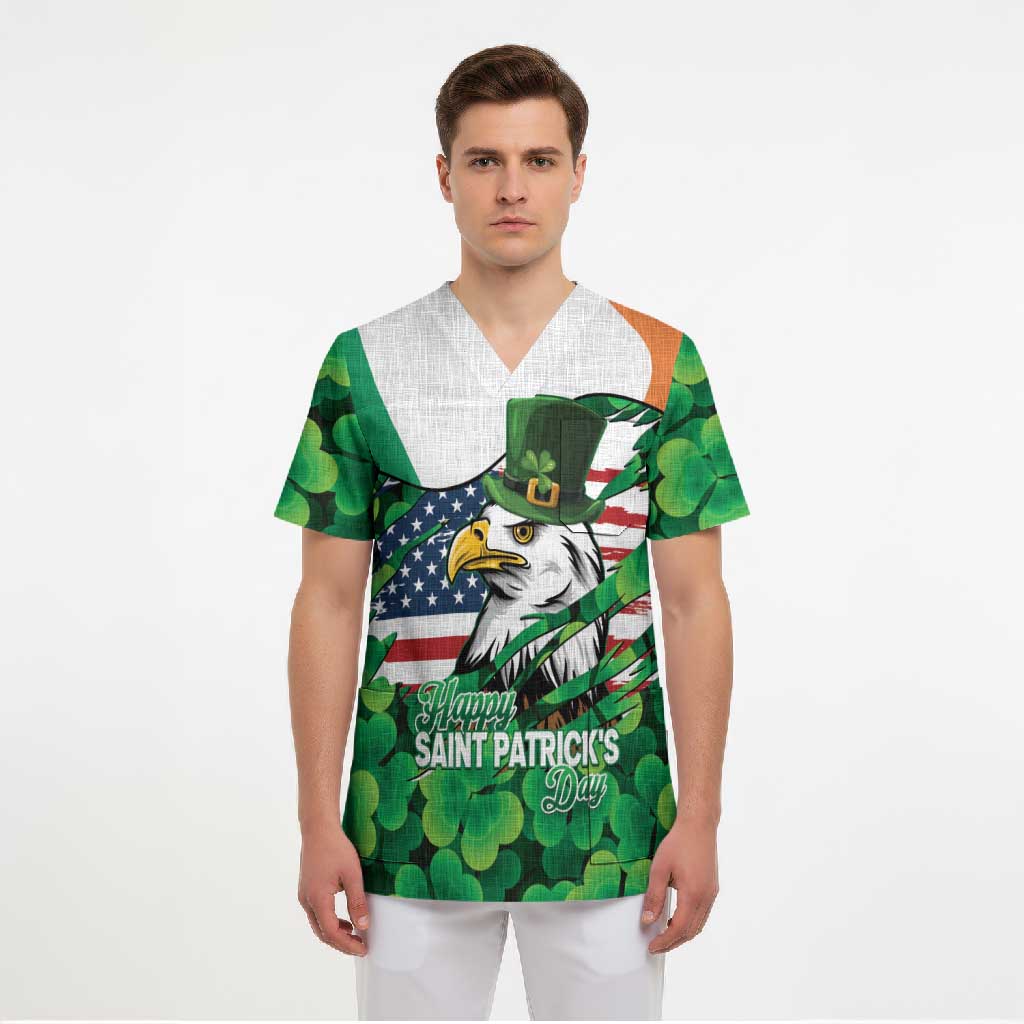 Irish American St Patrick's Day Scrub Top USA Eagle Leprechaun Hat Shamrock Pattern
