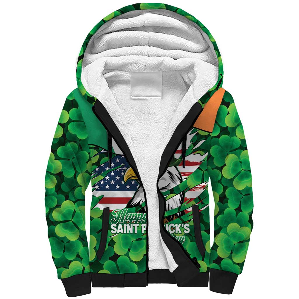 Irish American St Patrick's Day Sherpa Hoodie USA Eagle Leprechaun Hat Shamrock Pattern