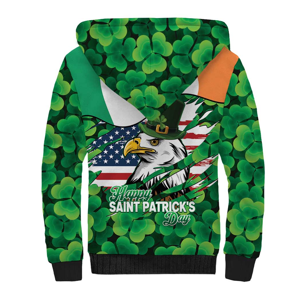 Irish American St Patrick's Day Sherpa Hoodie USA Eagle Leprechaun Hat Shamrock Pattern