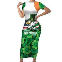 Irish American St Patrick's Day Short Sleeve Bodycon Dress USA Eagle Leprechaun Hat Shamrock Pattern