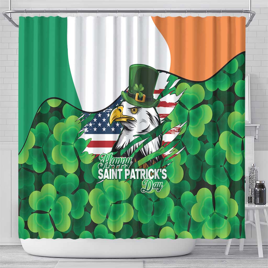 Irish American St Patrick's Day Shower Curtain USA Eagle Leprechaun Hat Shamrock Pattern