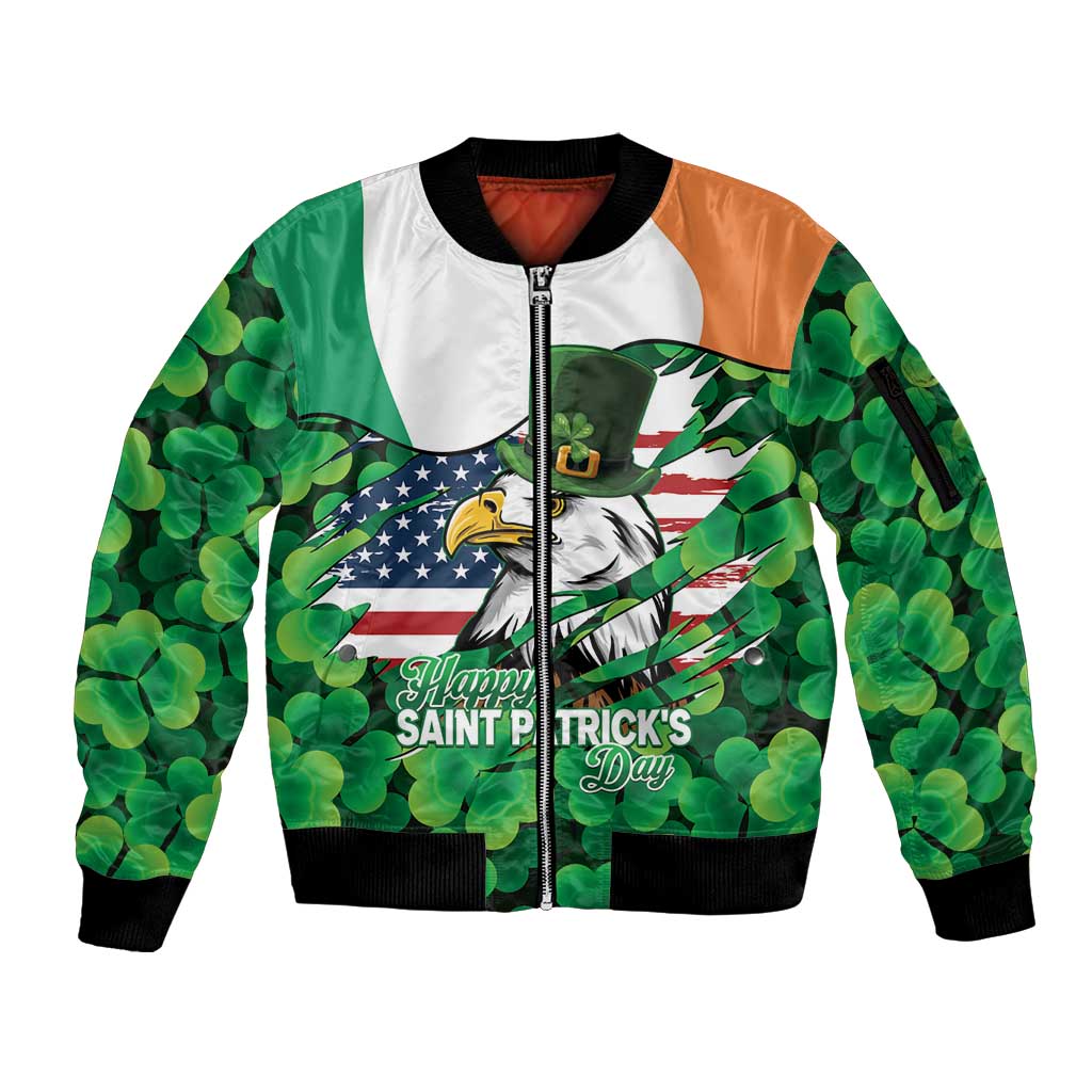 Irish American St Patrick's Day Sleeve Zip Bomber Jacket USA Eagle Leprechaun Hat Shamrock Pattern