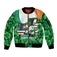 Irish American St Patrick's Day Sleeve Zip Bomber Jacket USA Eagle Leprechaun Hat Shamrock Pattern