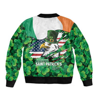 Irish American St Patrick's Day Sleeve Zip Bomber Jacket USA Eagle Leprechaun Hat Shamrock Pattern