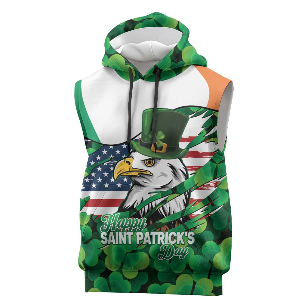 Irish American St Patrick's Day Sleeveless Hoodie USA Eagle Leprechaun Hat Shamrock Pattern