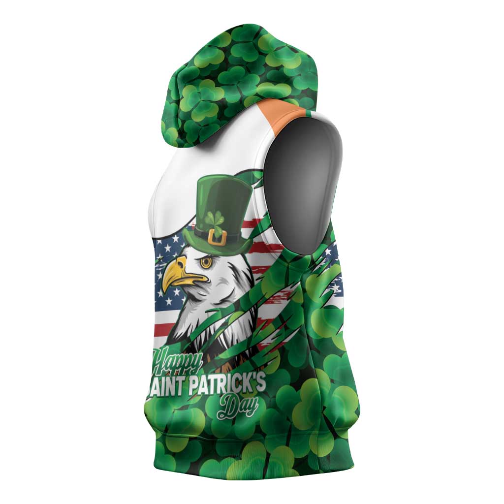 Irish American St Patrick's Day Sleeveless Hoodie USA Eagle Leprechaun Hat Shamrock Pattern