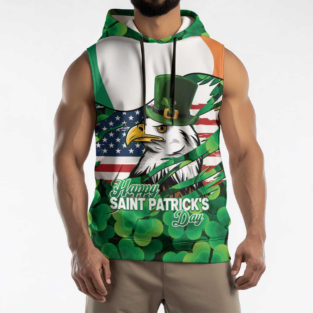 Irish American St Patrick's Day Sleeveless Hoodie USA Eagle Leprechaun Hat Shamrock Pattern