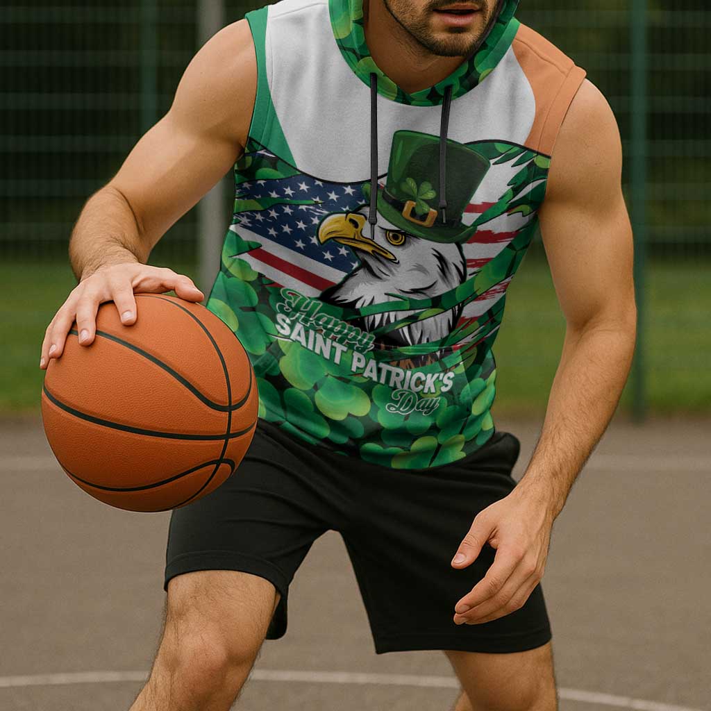 Irish American St Patrick's Day Sleeveless Hoodie USA Eagle Leprechaun Hat Shamrock Pattern