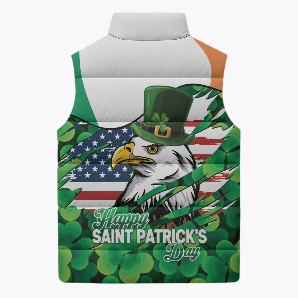 Irish American St Patrick's Day Sleeveless Puffer Jacket USA Eagle Leprechaun Hat Shamrock Pattern