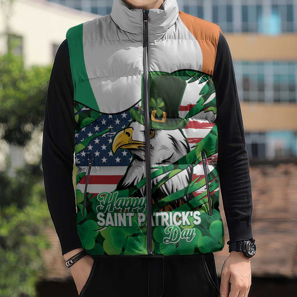 Irish American St Patrick's Day Sleeveless Puffer Jacket USA Eagle Leprechaun Hat Shamrock Pattern