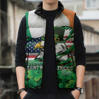 Irish American St Patrick's Day Sleeveless Puffer Jacket USA Eagle Leprechaun Hat Shamrock Pattern