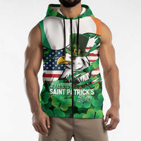 Irish American St Patrick's Day Sleeveless Zip Hoodie USA Eagle Leprechaun Hat Shamrock Pattern