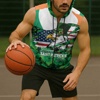 Irish American St Patrick's Day Sleeveless Zip Hoodie USA Eagle Leprechaun Hat Shamrock Pattern