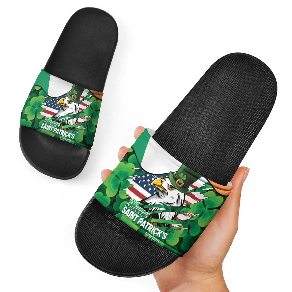 Irish American St Patrick's Day Slide Sandals USA Eagle Leprechaun Hat Shamrock Pattern