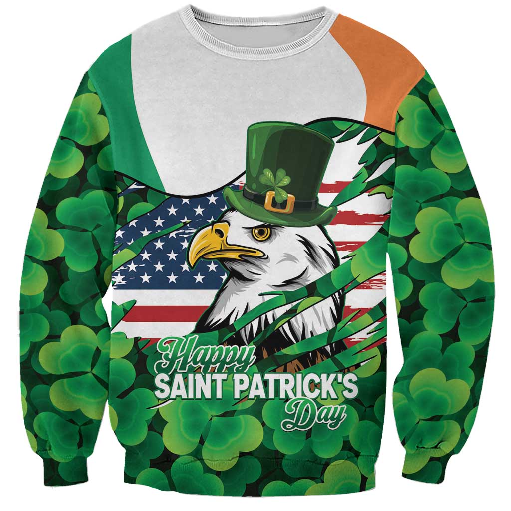 Irish American St Patrick's Day Sweatshirt USA Eagle Leprechaun Hat Shamrock Pattern