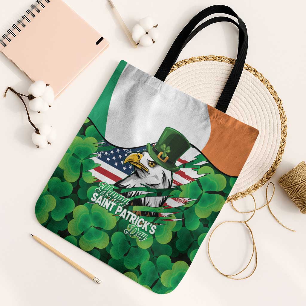 Irish American St Patrick's Day Tote Bag USA Eagle Leprechaun Hat Shamrock Pattern