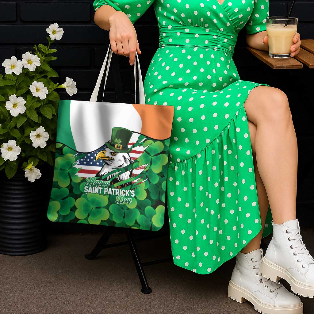 Irish American St Patrick's Day Tote Bag USA Eagle Leprechaun Hat Shamrock Pattern