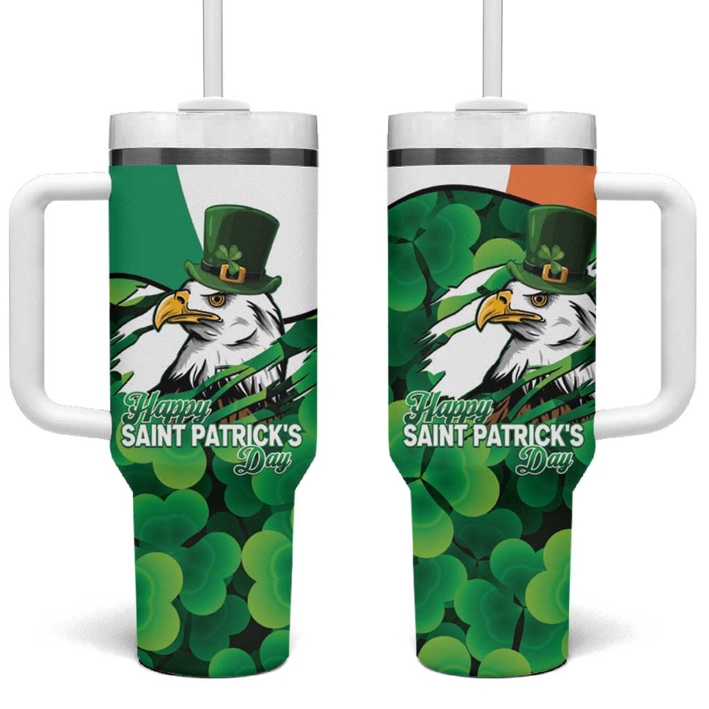 Irish American St Patrick's Day Tumbler With Handle USA Eagle Leprechaun Hat Shamrock Pattern