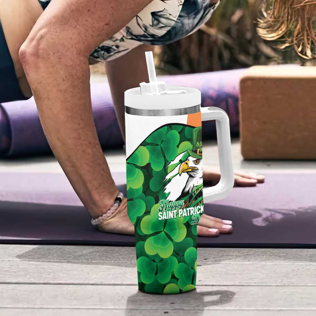 Irish American St Patrick's Day Tumbler With Handle USA Eagle Leprechaun Hat Shamrock Pattern