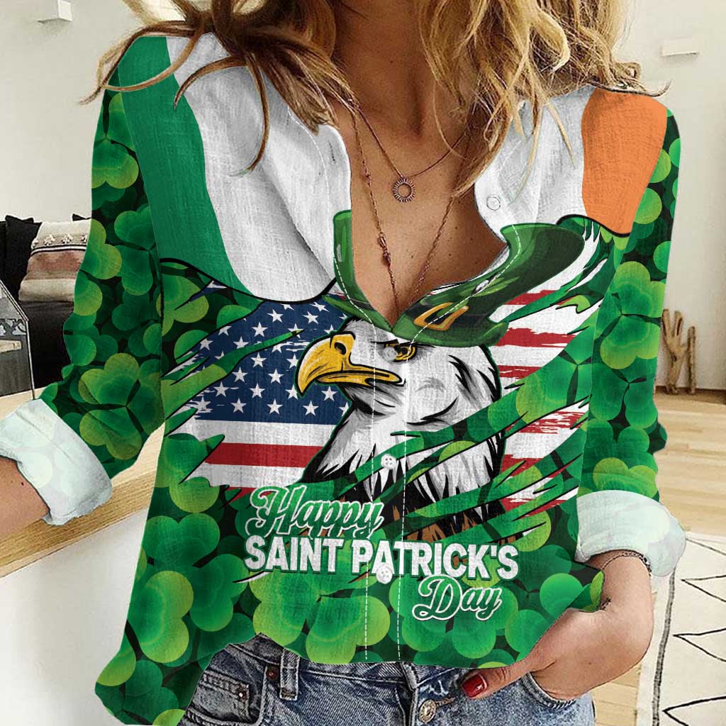 Irish American St Patrick's Day Women Casual Shirt USA Eagle Leprechaun Hat Shamrock Pattern