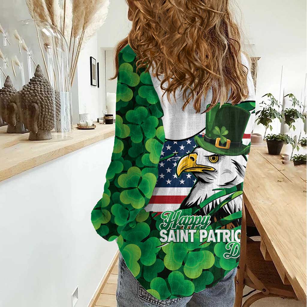 Irish American St Patrick's Day Women Casual Shirt USA Eagle Leprechaun Hat Shamrock Pattern