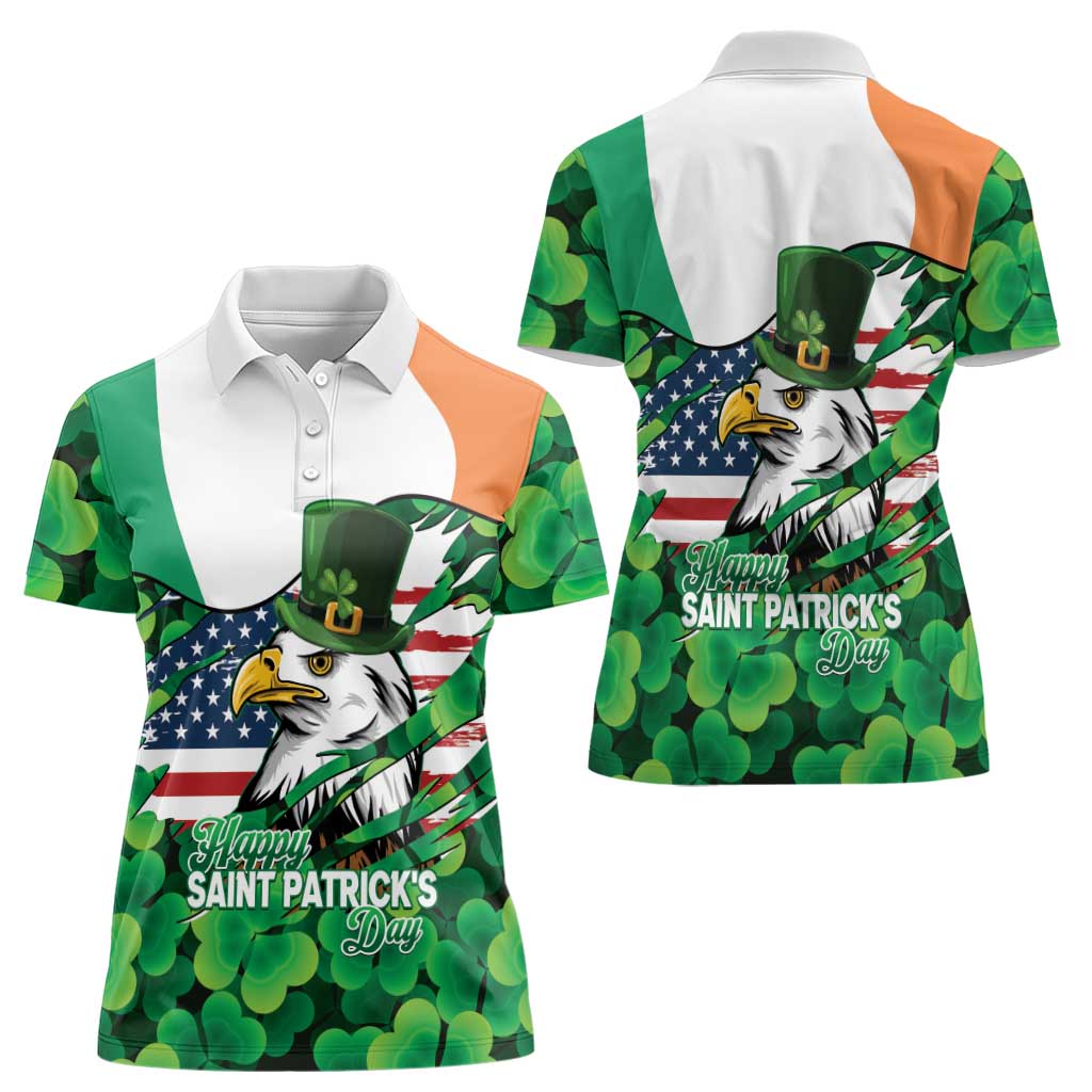 Irish American St Patrick's Day Women Polo Shirt USA Eagle Leprechaun Hat Shamrock Pattern