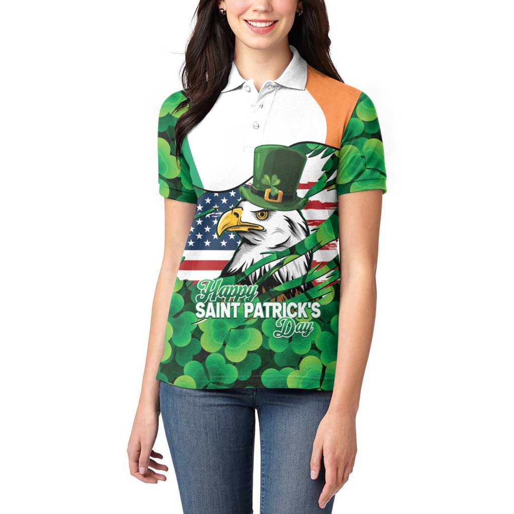 Irish American St Patrick's Day Women Polo Shirt USA Eagle Leprechaun Hat Shamrock Pattern