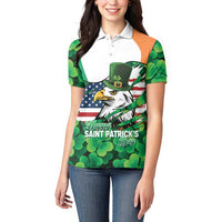 Irish American St Patrick's Day Women Polo Shirt USA Eagle Leprechaun Hat Shamrock Pattern