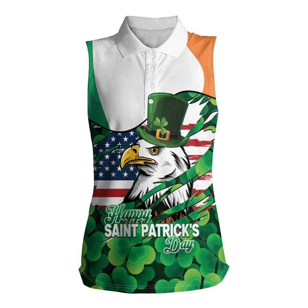 Irish American St Patrick's Day Women Sleeveless Polo Shirt USA Eagle Leprechaun Hat Shamrock Pattern