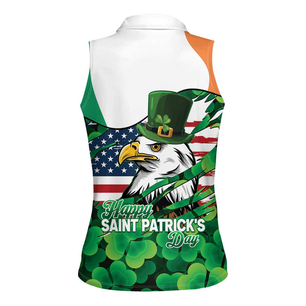 Irish American St Patrick's Day Women Sleeveless Polo Shirt USA Eagle Leprechaun Hat Shamrock Pattern