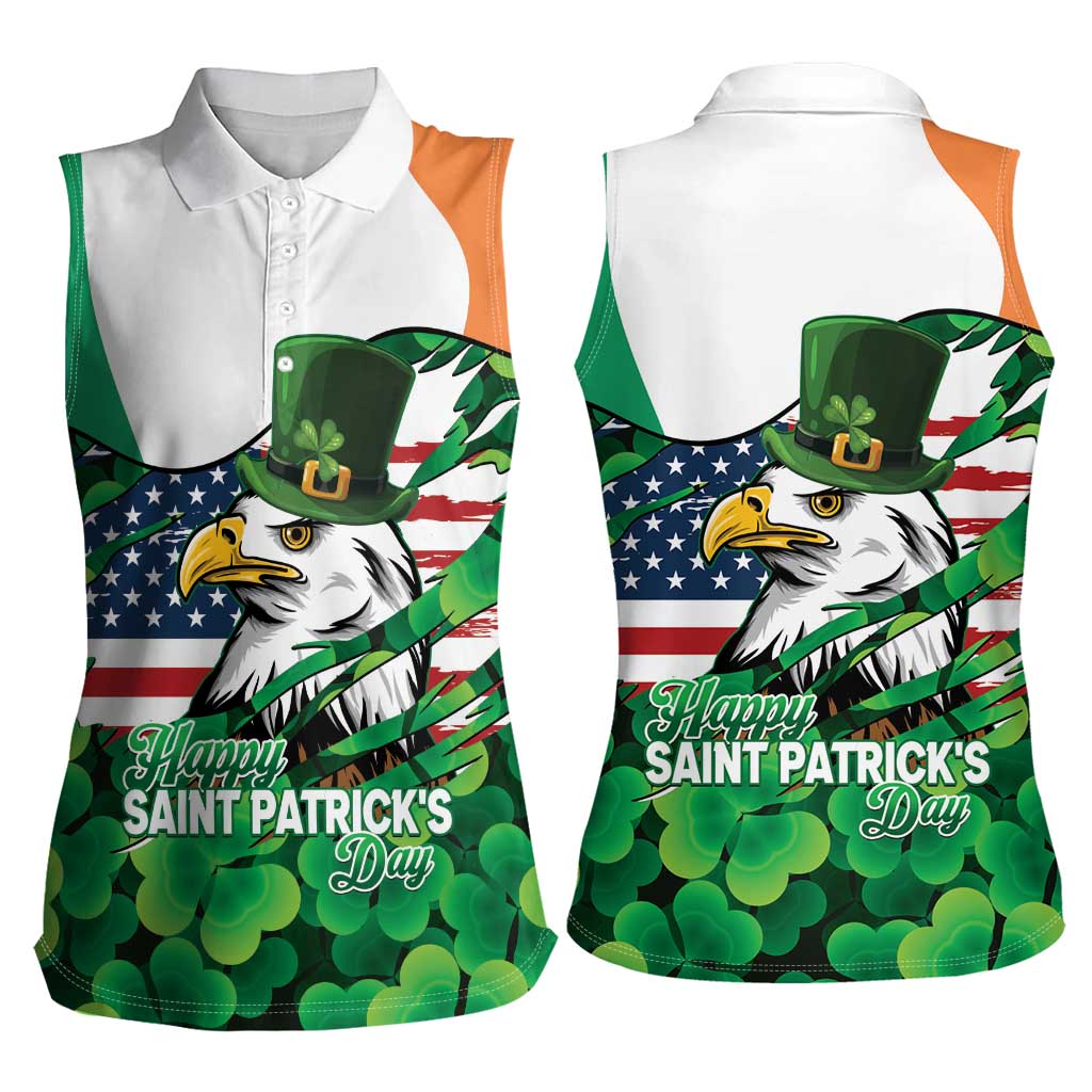 Irish American St Patrick's Day Women Sleeveless Polo Shirt USA Eagle Leprechaun Hat Shamrock Pattern