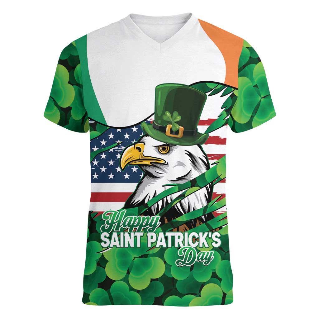 Irish American St Patrick's Day Women V-Neck T-Shirt USA Eagle Leprechaun Hat Shamrock Pattern