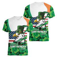 Irish American St Patrick's Day Women V-Neck T-Shirt USA Eagle Leprechaun Hat Shamrock Pattern