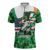 Irish American St Patrick's Day Zipper Polo Shirt USA Eagle Leprechaun Hat Shamrock Pattern