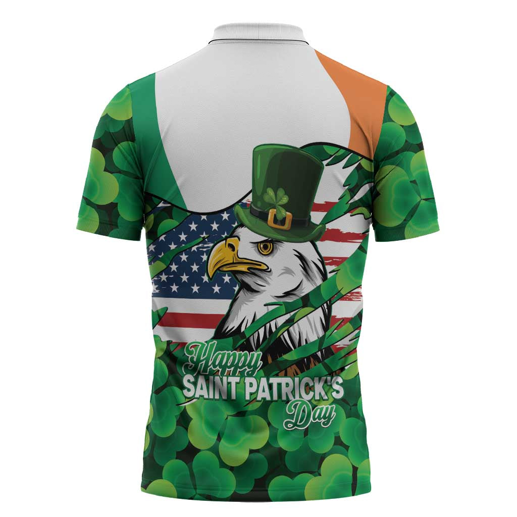 Irish American St Patrick's Day Zipper Polo Shirt USA Eagle Leprechaun Hat Shamrock Pattern