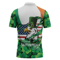 Irish American St Patrick's Day Zipper Polo Shirt USA Eagle Leprechaun Hat Shamrock Pattern