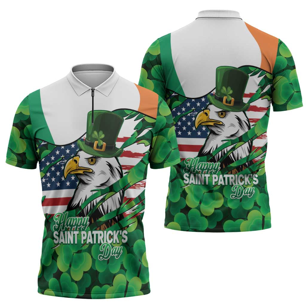 Irish American St Patrick's Day Zipper Polo Shirt USA Eagle Leprechaun Hat Shamrock Pattern