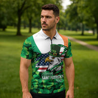 Irish American St Patrick's Day Zipper Polo Shirt USA Eagle Leprechaun Hat Shamrock Pattern